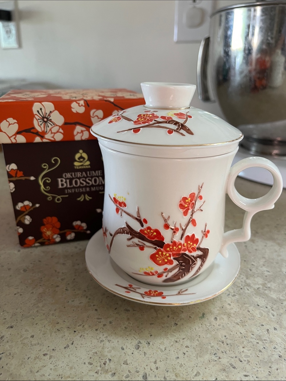 Teavana Okura Ume Blossom Infuser Mug — Red, White, Brown